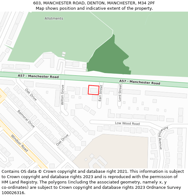 603, MANCHESTER ROAD, DENTON, MANCHESTER, M34 2PF: Location map and indicative extent of plot