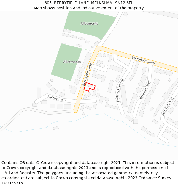 605, BERRYFIELD LANE, MELKSHAM, SN12 6EL: Location map and indicative extent of plot