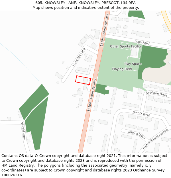 605, KNOWSLEY LANE, KNOWSLEY, PRESCOT, L34 9EA: Location map and indicative extent of plot