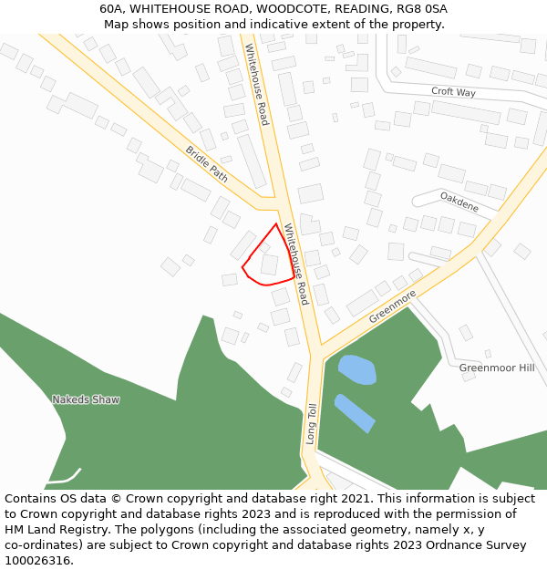 60A, WHITEHOUSE ROAD, WOODCOTE, READING, RG8 0SA: Location map and indicative extent of plot
