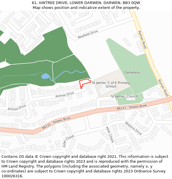 61, AINTREE DRIVE, LOWER DARWEN, DARWEN, BB3 0QW: Location map and indicative extent of plot