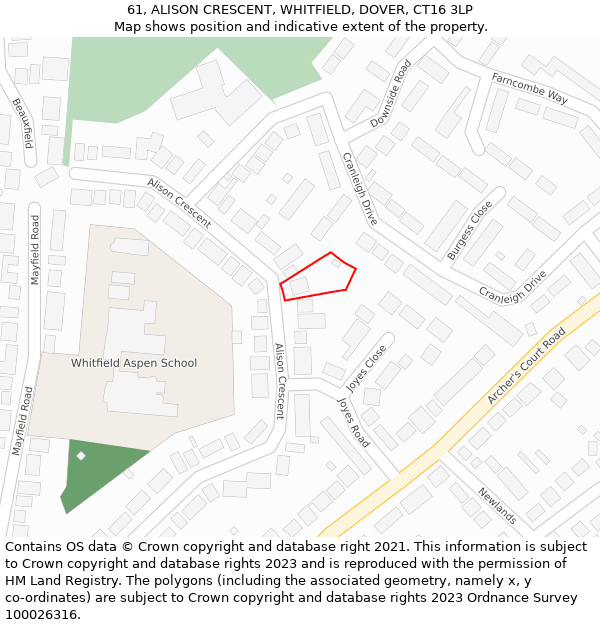 61, ALISON CRESCENT, WHITFIELD, DOVER, CT16 3LP: Location map and indicative extent of plot