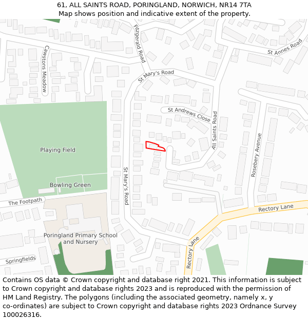 61, ALL SAINTS ROAD, PORINGLAND, NORWICH, NR14 7TA: Location map and indicative extent of plot