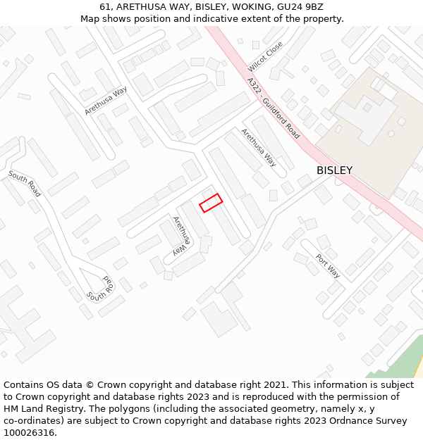 61, ARETHUSA WAY, BISLEY, WOKING, GU24 9BZ: Location map and indicative extent of plot