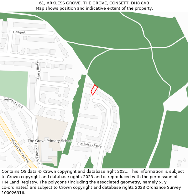 61, ARKLESS GROVE, THE GROVE, CONSETT, DH8 8AB: Location map and indicative extent of plot
