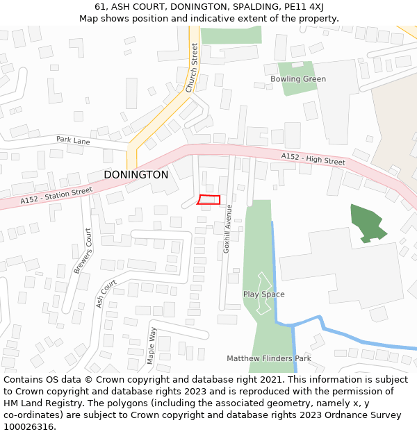 61, ASH COURT, DONINGTON, SPALDING, PE11 4XJ: Location map and indicative extent of plot