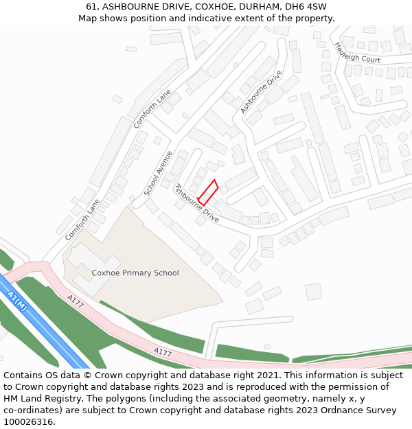 61, ASHBOURNE DRIVE, COXHOE, DURHAM, DH6 4SW: Location map and indicative extent of plot