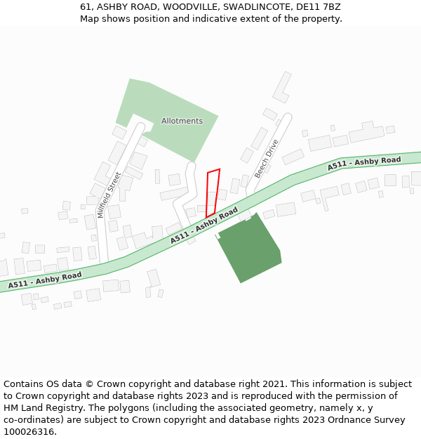 61, ASHBY ROAD, WOODVILLE, SWADLINCOTE, DE11 7BZ: Location map and indicative extent of plot