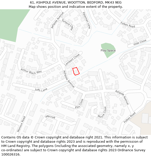 61, ASHPOLE AVENUE, WOOTTON, BEDFORD, MK43 9EG: Location map and indicative extent of plot