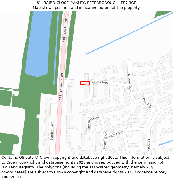 61, BAIRD CLOSE, YAXLEY, PETERBOROUGH, PE7 3GB: Location map and indicative extent of plot