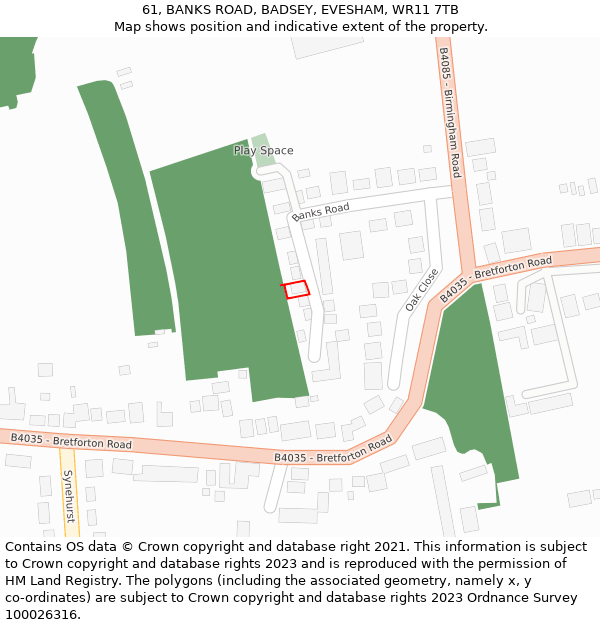 61, BANKS ROAD, BADSEY, EVESHAM, WR11 7TB: Location map and indicative extent of plot