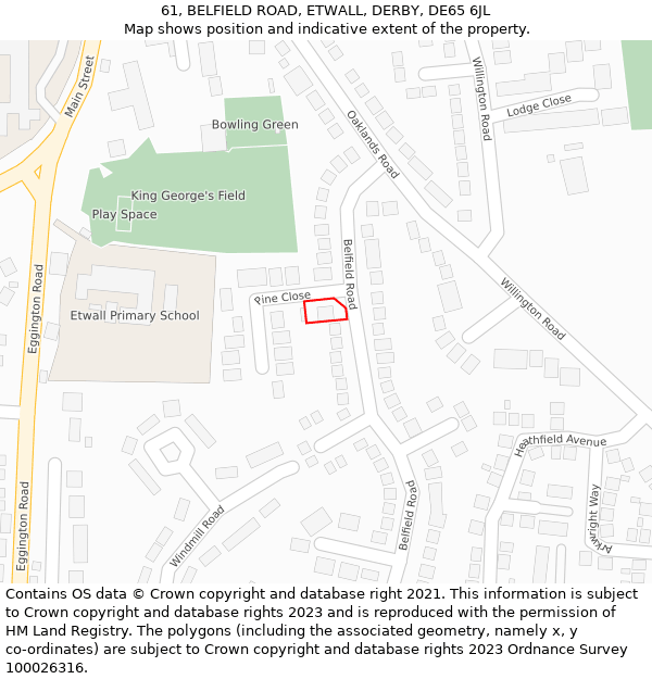 61, BELFIELD ROAD, ETWALL, DERBY, DE65 6JL: Location map and indicative extent of plot