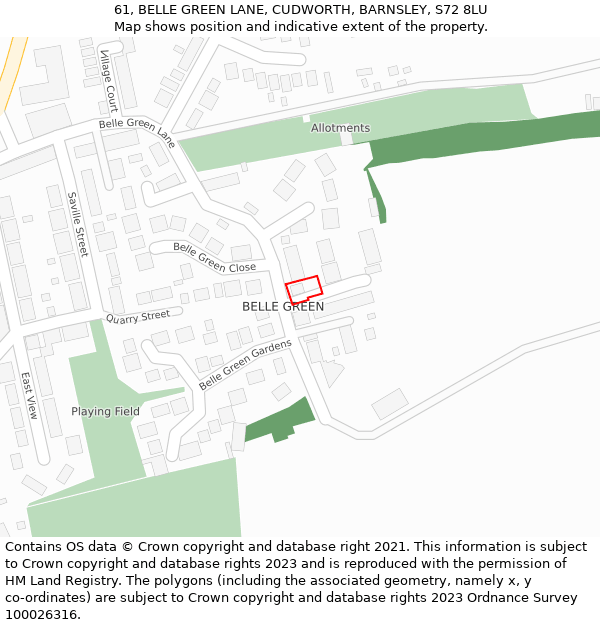 61, BELLE GREEN LANE, CUDWORTH, BARNSLEY, S72 8LU: Location map and indicative extent of plot