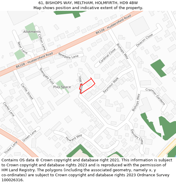 61, BISHOPS WAY, MELTHAM, HOLMFIRTH, HD9 4BW: Location map and indicative extent of plot