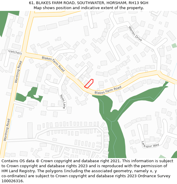 61, BLAKES FARM ROAD, SOUTHWATER, HORSHAM, RH13 9GH: Location map and indicative extent of plot