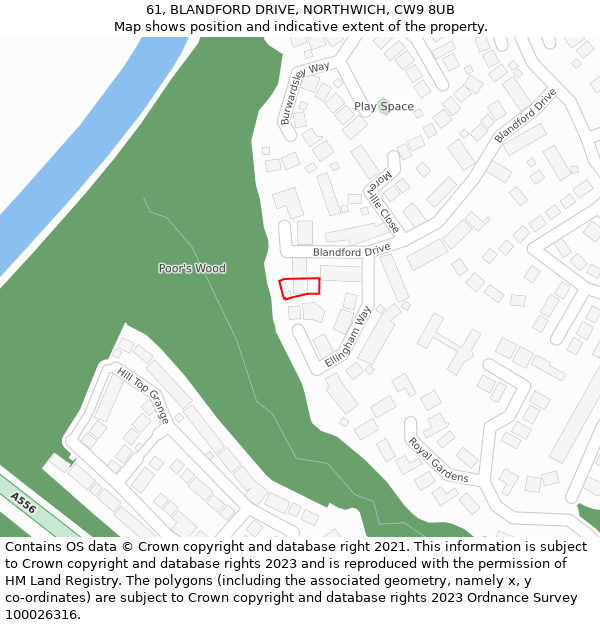 61, BLANDFORD DRIVE, NORTHWICH, CW9 8UB: Location map and indicative extent of plot