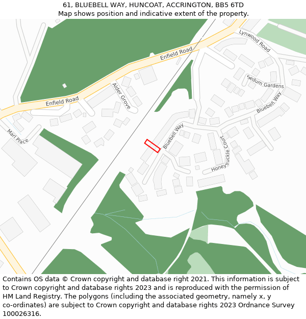 61, BLUEBELL WAY, HUNCOAT, ACCRINGTON, BB5 6TD: Location map and indicative extent of plot