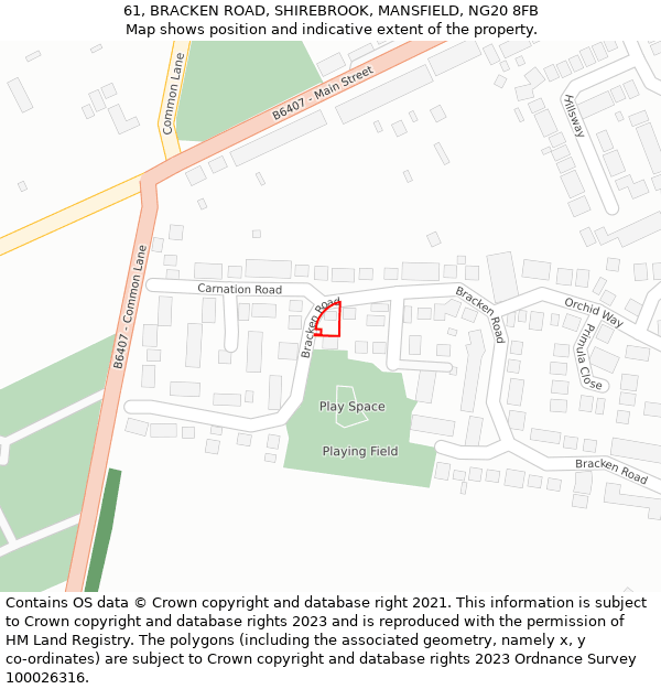 61, BRACKEN ROAD, SHIREBROOK, MANSFIELD, NG20 8FB: Location map and indicative extent of plot