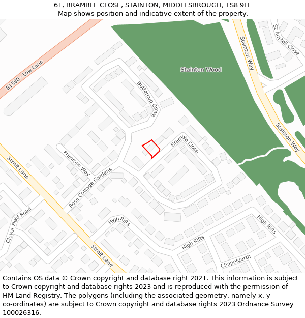 61, BRAMBLE CLOSE, STAINTON, MIDDLESBROUGH, TS8 9FE: Location map and indicative extent of plot