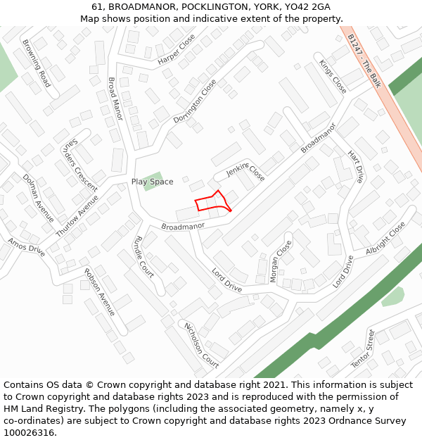 61, BROADMANOR, POCKLINGTON, YORK, YO42 2GA: Location map and indicative extent of plot