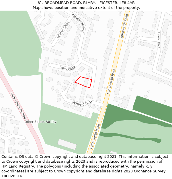 61, BROADMEAD ROAD, BLABY, LEICESTER, LE8 4AB: Location map and indicative extent of plot