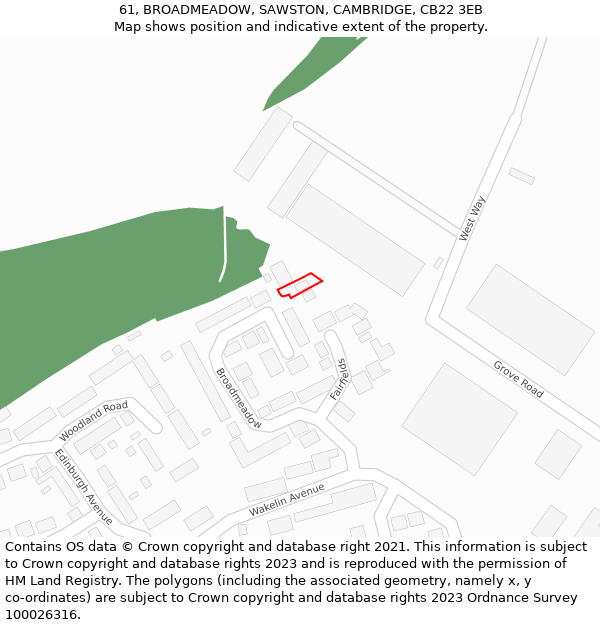 61, BROADMEADOW, SAWSTON, CAMBRIDGE, CB22 3EB: Location map and indicative extent of plot