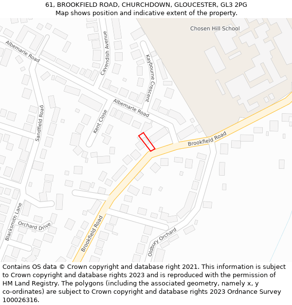 61, BROOKFIELD ROAD, CHURCHDOWN, GLOUCESTER, GL3 2PG: Location map and indicative extent of plot