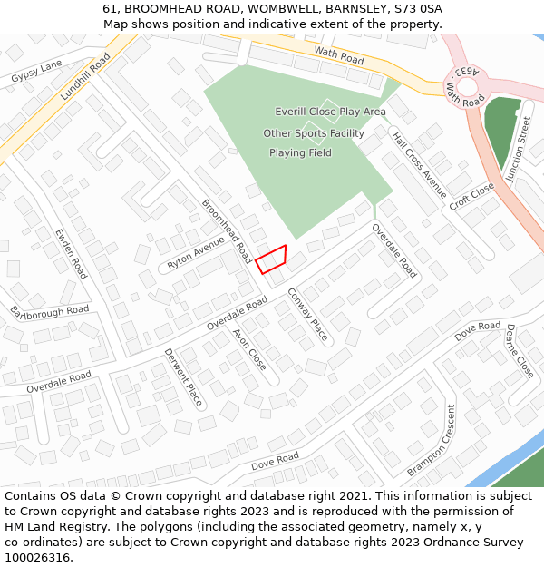 61, BROOMHEAD ROAD, WOMBWELL, BARNSLEY, S73 0SA: Location map and indicative extent of plot