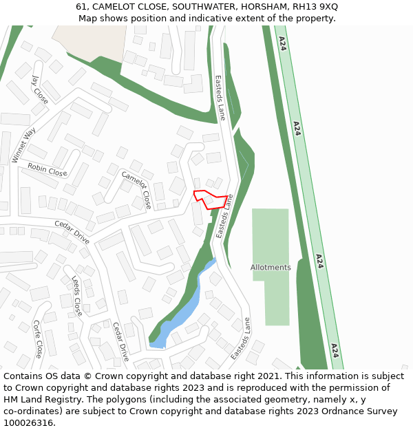 61, CAMELOT CLOSE, SOUTHWATER, HORSHAM, RH13 9XQ: Location map and indicative extent of plot