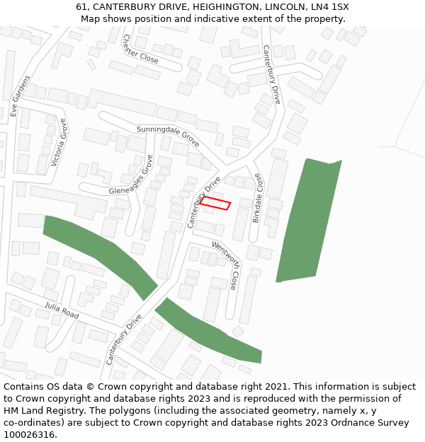 61, CANTERBURY DRIVE, HEIGHINGTON, LINCOLN, LN4 1SX: Location map and indicative extent of plot