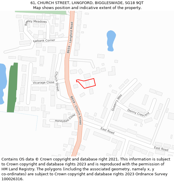 61, CHURCH STREET, LANGFORD, BIGGLESWADE, SG18 9QT: Location map and indicative extent of plot