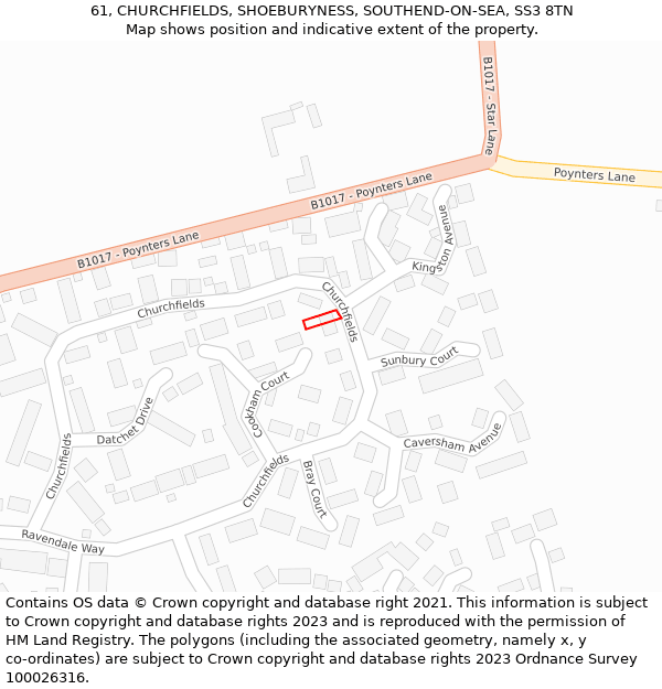 61, CHURCHFIELDS, SHOEBURYNESS, SOUTHEND-ON-SEA, SS3 8TN: Location map and indicative extent of plot