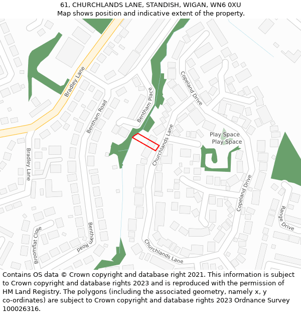 61, CHURCHLANDS LANE, STANDISH, WIGAN, WN6 0XU: Location map and indicative extent of plot