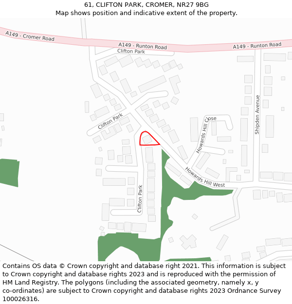 61, CLIFTON PARK, CROMER, NR27 9BG: Location map and indicative extent of plot