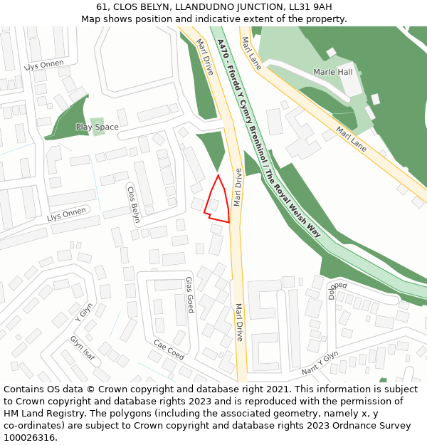 61, CLOS BELYN, LLANDUDNO JUNCTION, LL31 9AH: Location map and indicative extent of plot