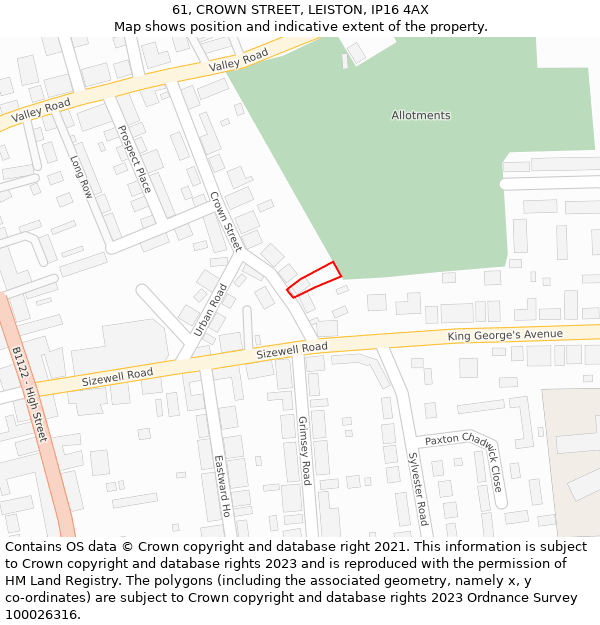 61, CROWN STREET, LEISTON, IP16 4AX: Location map and indicative extent of plot