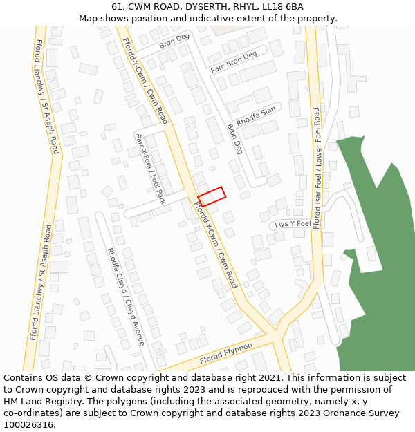 61, CWM ROAD, DYSERTH, RHYL, LL18 6BA: Location map and indicative extent of plot