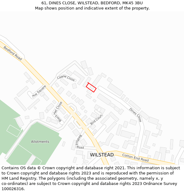 61, DINES CLOSE, WILSTEAD, BEDFORD, MK45 3BU: Location map and indicative extent of plot