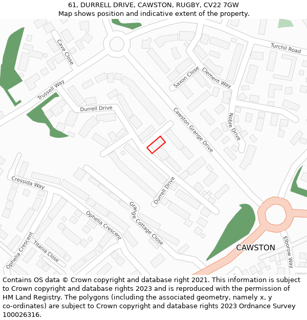 61, DURRELL DRIVE, CAWSTON, RUGBY, CV22 7GW: Location map and indicative extent of plot