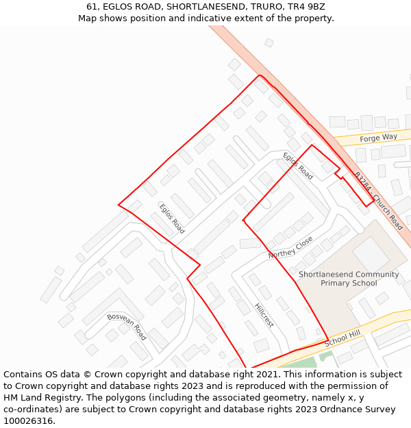 61, EGLOS ROAD, SHORTLANESEND, TRURO, TR4 9BZ: Location map and indicative extent of plot