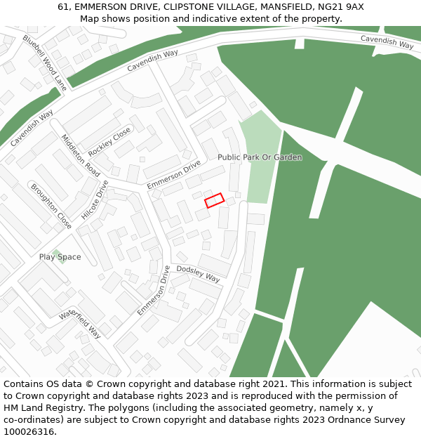 61, EMMERSON DRIVE, CLIPSTONE VILLAGE, MANSFIELD, NG21 9AX: Location map and indicative extent of plot