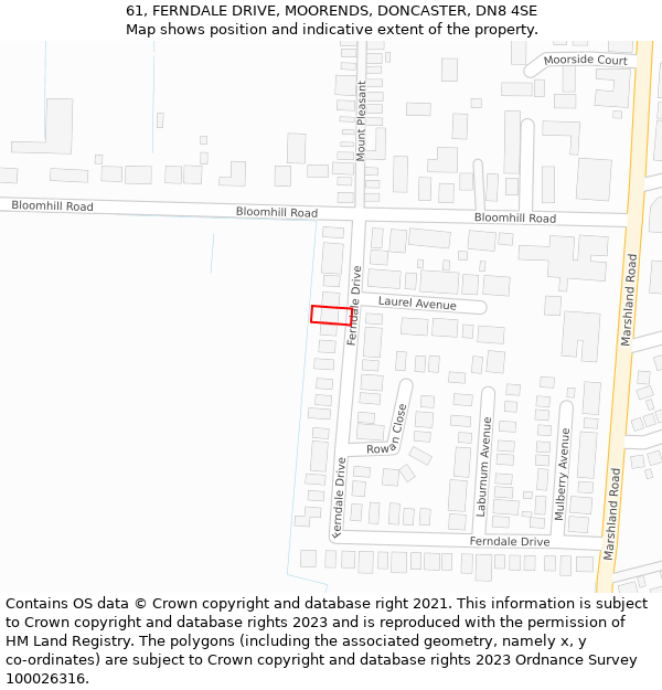 61, FERNDALE DRIVE, MOORENDS, DONCASTER, DN8 4SE: Location map and indicative extent of plot