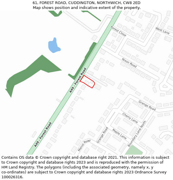 61, FOREST ROAD, CUDDINGTON, NORTHWICH, CW8 2ED: Location map and indicative extent of plot