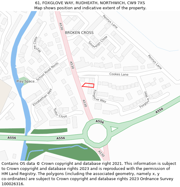 61, FOXGLOVE WAY, RUDHEATH, NORTHWICH, CW9 7XS: Location map and indicative extent of plot