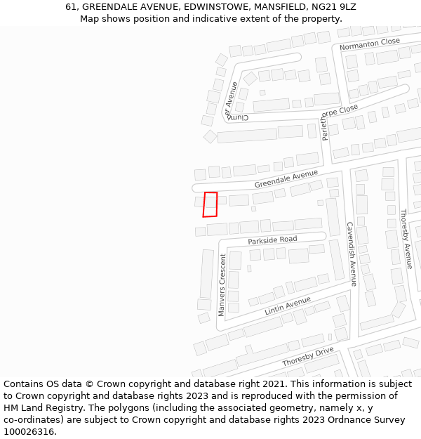 61, GREENDALE AVENUE, EDWINSTOWE, MANSFIELD, NG21 9LZ: Location map and indicative extent of plot