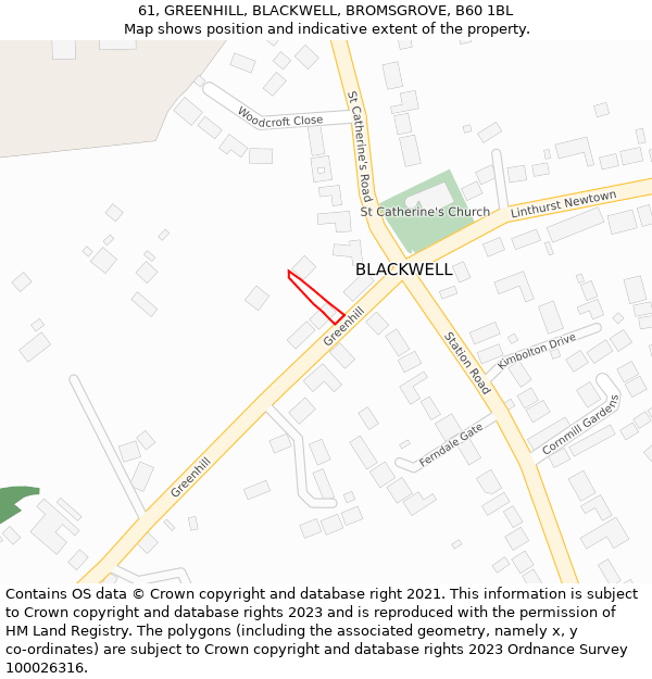 61, GREENHILL, BLACKWELL, BROMSGROVE, B60 1BL: Location map and indicative extent of plot