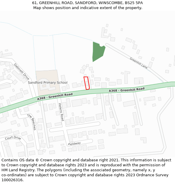 61, GREENHILL ROAD, SANDFORD, WINSCOMBE, BS25 5PA: Location map and indicative extent of plot