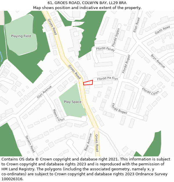 61, GROES ROAD, COLWYN BAY, LL29 8RA: Location map and indicative extent of plot