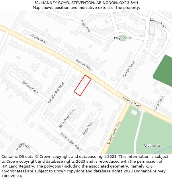 61, HANNEY ROAD, STEVENTON, ABINGDON, OX13 6AH: Location map and indicative extent of plot