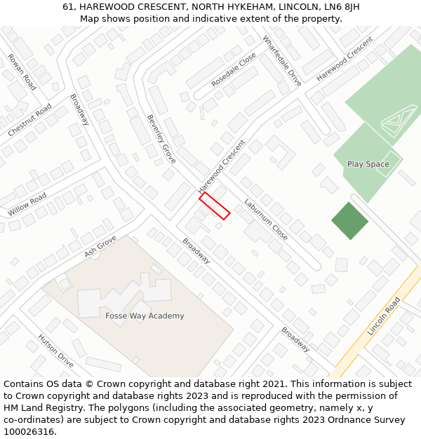 61, HAREWOOD CRESCENT, NORTH HYKEHAM, LINCOLN, LN6 8JH: Location map and indicative extent of plot